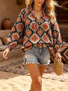 Women's Spring/Summer Bohemian Retro Printed Blouse With Ruffle Collar And Puff Sleeves, Loose Fit, Casual And Relaxed Style - Multicolor - View 2