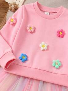 Autumn New Young Girl Fresh Pink 2 In 1 3D Floral Round Neck Gradient Mesh Dress, Sweet Versatile Loose Comfortable Breathable Casual School Daily Outfit - Pink - View 5