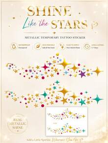 Colorful Metallic Star Face Temporary Tattoos For Women, Gold Foil Rainbow Star & Sparkle Tattoo Stickers, Waterproof Long-Lasting Face & Body Art For Festivals, Concerts, Raves, Parties, Makeup & Holiday Looks - Multicolor - View 2