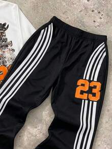 2pcs/Set Tween Boy Outdoor Casual Motorcycle Racing Letter Graphic Hoodie Sweatshirt And Contrast Stripe Digit Pattern Loose Comfortable Pants Set, Spring/Autumn - Black and White - View 4
