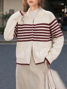 Women's Autumn Casual Minimalist Polka Dot Pattern 2 In 1 Knit Cardigan Jacket - Red and White - View 4