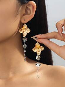1 Pair Vintage Gold Floral Long Drop Earrings, Multi Layer Petal Tassel Dangle Earrings, Elegant Party Wedding Jewelry For Women - Silver Gold - View 15