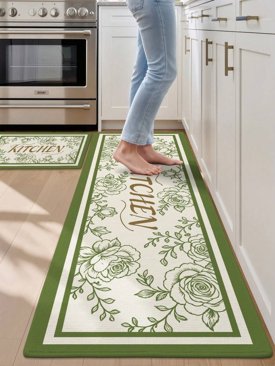 DAJIANG 1pc Green Plant Leaf Long Runner Rug, Suitable For Bathroom, Kitchen, Outdoor, Hallway, Bedroom, Living Room, Machine Washable Easy Clean Non-Slip Entryway Mat, Bedroom Decor Carpet Accessory