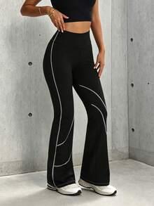 Hidkat Women's Fashion Solid Color High Waist Elastic Yoga Casual Sports Knit Long Pants - Black - View 4