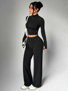 Black Zipper Fleece Lined Long Sleeve Top + Loose Wide Leg Pants Yoga Sports Set - Black - View 8
