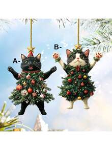 2pcs Christmas Acrylic Cat Ornaments, Flat Plastic Hanging Decor For Christmas Tree, Festive Pendants For Fireplace And Ceiling, Cute Cat In Christmas Tree Design, Suitable For Keychain, Bag And Car Rearview Mirror - Multiple Styles - View 5