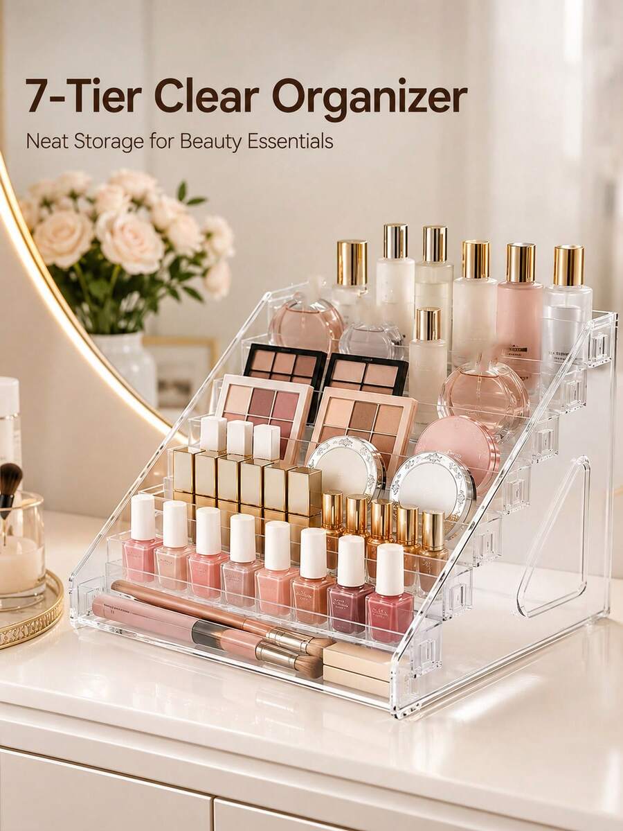 1Pc 7 Layers Nail Polish Storage Box, Makeup Organizer Cosmetics Storage, Detachable Multi-Layer Cosmetics Storage Rack, Oil Holder Cosmetic Display Case Sunglasses Eyewear Shelf Tray, Wedding Decoration, Back To School