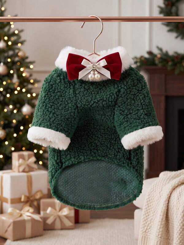 Pet Christmas Sweatshirt Fleece Warm Autumn/Winter Cat Dog Clothes Two-Legged Outfit Teddy Bichon Small/Medium Dog Bowknot Christmas Tree Holiday Costume