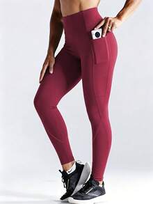 3 Pieces Yoga Pants Set, High Elasticity Compression Waist-Flattering Slimming Leggings, Running Fitness Workout Pants Sports Fall - Burgundy - View 5