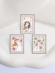 3Pcs Retro Postage Stamp Goose Enamel Brooch Set, Cute Animal Lapel Pin Pack, Badge For Backpack Jacket Clothing Decor - Multicolor - View 5
