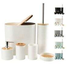 6pcs Striped Bamboo Lid Bathroom Vanity Set, Plastic Organizer Toothbrush Holder Rack - White - View 11
