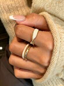 2pcs Minimalist Daily Versatile Drip Oil Women's Ring Set, Stackable Sweet Luxury Style For Travel, Party, Gift - White - View 2
