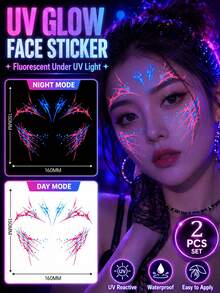 2 miếng dán xăm mặt phát quang UV, xăm mặt tạm thời vệt màu neon hồng xanh, miếng dán mặt phát sáng chống nước bền 2-5 ngày cho lễ hội, rave, cosplay, hộp đêm, tiệc tùng - Nhiều màu - Xem 2