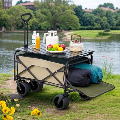 Advwin Folding Wagon Cart, Beach Trolley Cart W/Folding Table Board, Portable Outdoor Garden Heavy Duty Camping Wagon Cart, Adjustable Handle Grocery Wagon For Sports, Shopping