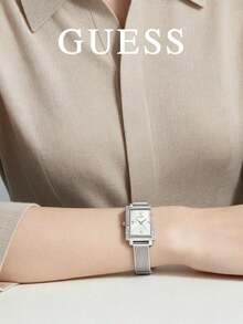 Guess Women's Silver‑Tone Rectangular Quartz Watch Fine Mesh‑Metal Strap Vertical Crystal‑Set Case Sides Sun‑Brushed Silver Dial Slim Everyday Dress Watch - Silver - View 3