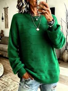 NZZOF Solid Color Crew Neck Long Sleeve Minimalist Pullover Sweater - Green - View 6