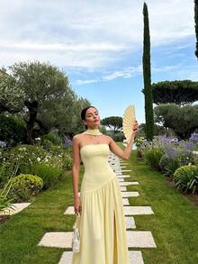 Elegant Sleeveless Strapless High Slit Knit Long Cocktail Dress, Suitable For Formal Occasions And Summer Events - Apricot - View 3
