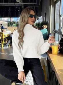 Women's Winter High Neck Ribbed Knit Pullover Sweater, Loose Long Sleeve High Elastic Warm Top, Suitable For Autumn/Winter Wear - White - View 2