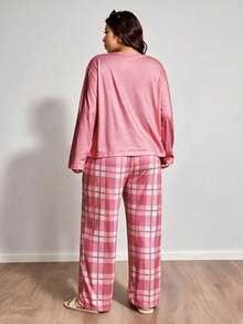 Women's Plus Size Casual Pajama Set, 2-Piece, Heart Print Long Sleeve Top And Plaid Pants Loungewear Set, Autumn/Winter - Pink - View 2