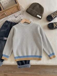 Boys' Preppy Colorblock Striped Crew Neck Knit Pullover Sweater, Suitable For School Daily Wear In Spring, Autumn And Winter - Grey - View 4