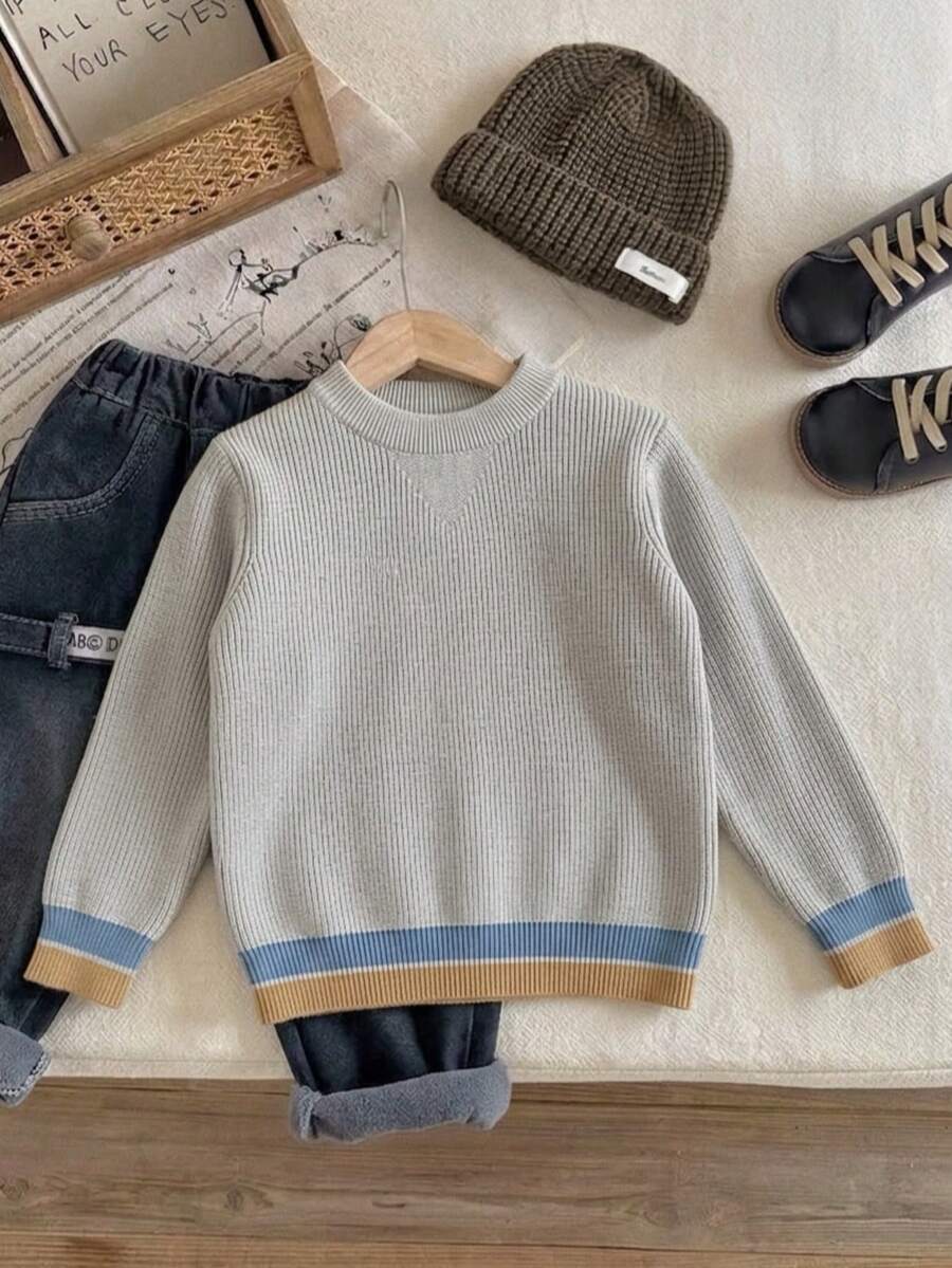Boys' Preppy Colorblock Striped Crew Neck Knit Pullover Sweater, Suitable For School Daily Wear In Spring, Autumn And Winter - Grey - View 1