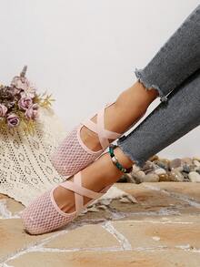 Women's Pink Square Toe Hollow Mesh Mary Jane Shoes, Low Vamp, Breathable, Cross Strap, Gentle Style, Flat Ballet Shoes - Pink - View 3