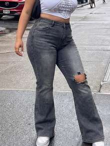 Plus Size Women Casual Skinny Flare Jeans Fall - Grey - View 2