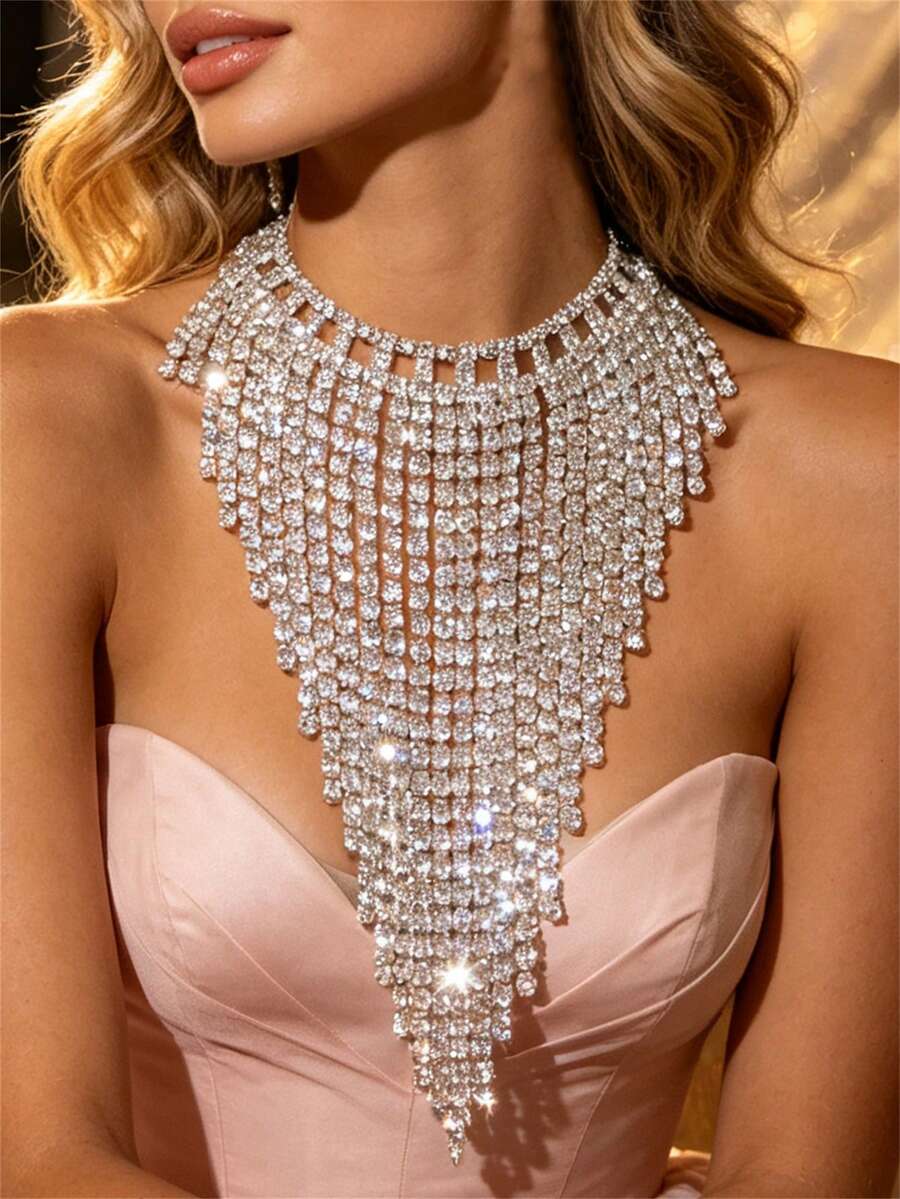 Elegant Rhinestone Tassel Necklace, Shiny Multi-Layer Triangle Necklace, Long Wedding Banquet Jewelry For Women - Silver - View 1
