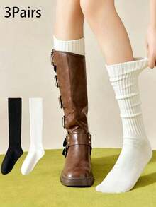 Women's Autumn/Winter Sweet & Cool Girl Style Slouch Socks, Long Tube Socks, Solid Black/White Basic Style, Suitable For Long Boots/Loafers, Create Lazy Atmosphere, Streetwear Essential, 1/2/3/4/5 Pairs - Multicolor - View 19