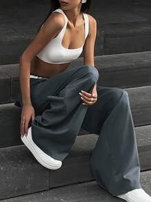 Women's Solid Color Elegant Commute Minimalist Fashion Metal Buckle High Waist Straight Leg Pants, Suitable For Daily Outings, Dates, Office Commute And Various Occasions - Black - View 8