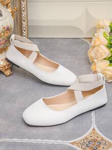 Spring/Autumn New Women's White Flat Shoes, Cross Elastic Band Square Toe Slip-On Soft Versatile Ballet Style Mary Jane Shoes - White - View 7