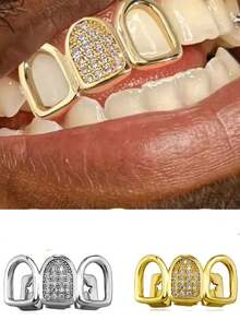 RACHELZ Vintage Y2K 3-Piezas Grillz de Dientes Huecos con Zirconia CZ Hip Hop Brillante Tapas de Dientes de Zirconia Joyería Dental Unisex Regalo para Fiestas - Dorado - Ver 5