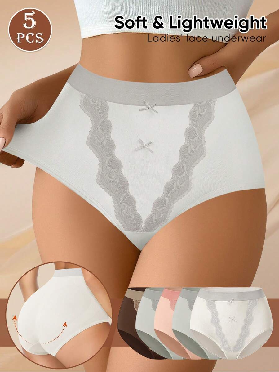 MEIYATING 5件組女款蝴蝶結V型蕾絲中腰無縫舒適彈性三角內褲，適合日常穿著
