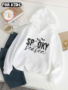 Kids Hooded Sweatshirt, Spooky Season Ghost Bat Letter Graphic Print Cotton Pullover For Kids - White - View 3