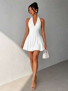 Women's White Spaghetti Strap Mini Dress, Sleeveless Knit A-Line Flared Hem Backless Hollow Dress Elegant Party Summer - White - View 5