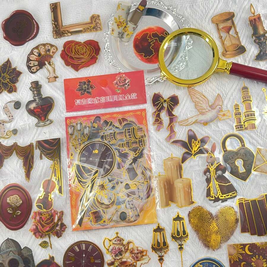 50Pcs Gold Foil Vintage European Palace PET Transparent Stickers, Retro Victorian Clock Violin Frame Decals, Clear Waterproof Sticker Pack For Journal Scrapbook DIY Decor