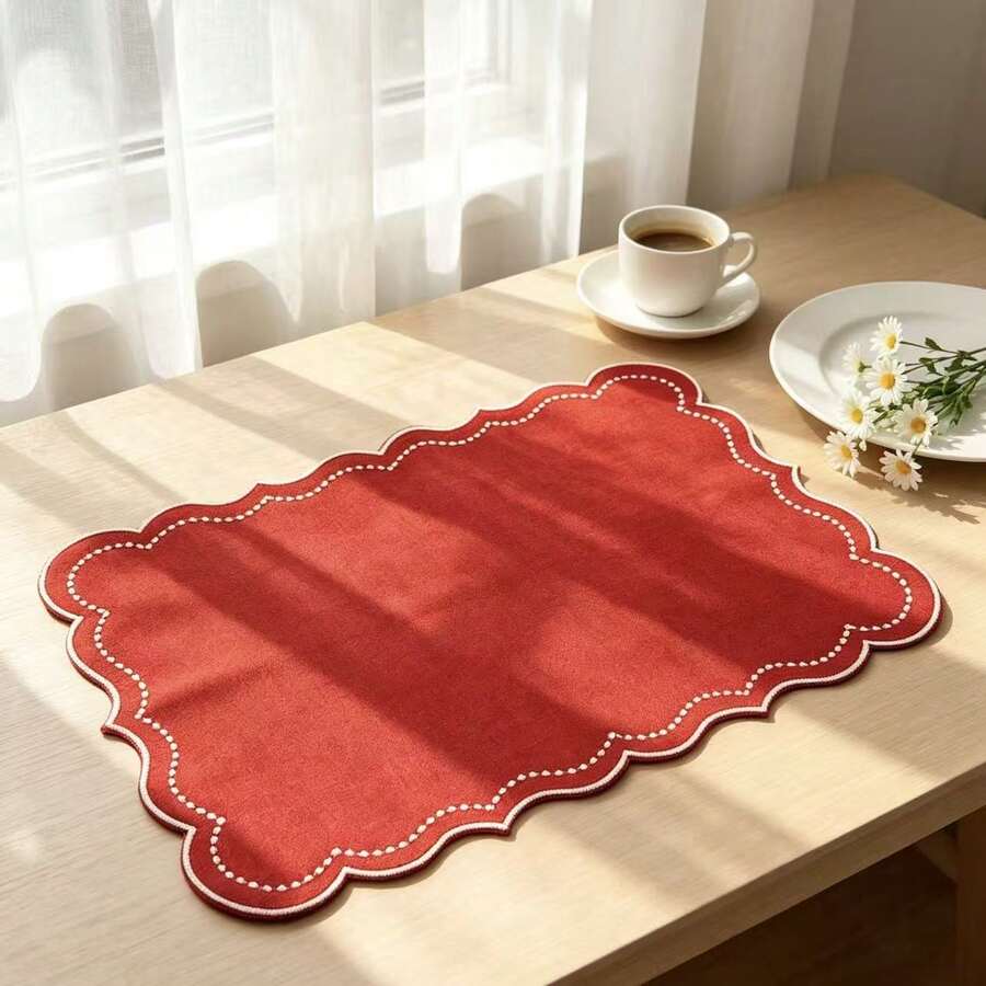 4pcs Solid Color Christmas Embroidered Placemats, Pastoral Style Polyester Fiber Table Mats, Suitable For Dining Table, Coffee Table, Tea Table, Daily Home Decor, Vase Mat, Wedding, Holiday Party - Red - View 1