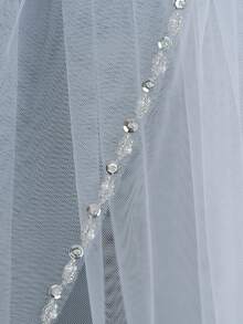 Extra Long Train Rhinestone & Pearl Trim Bridal Veil, Single Layer Soft Tulle, Church Ceremony Wedding Dress Accessory - Multicolor - View 9