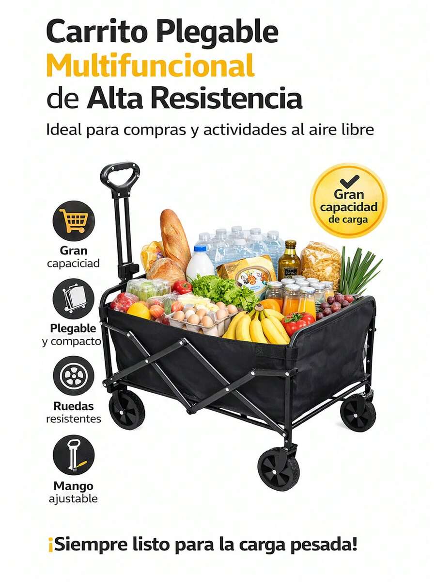 Carrito Vagón Plegable Multiusos Con Llantas Todo Terreno Mango Ajustable Soporta Hasta 100 Kilos - Negro - Ver 1