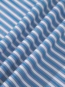Acelitt Spring/Autumn Casual Striped Print Loose Round Neck Top And Shorts Set, Soft Knit, Suitable For Daily Home Wear - Sky Blue - View 9