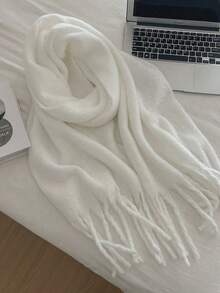 1pc Thick Solid Color Fleece Mohair Tassel Scarf, Chic Autumn/Fall Warm Couple Shawl, Soft & Comfortable Blanket Scarf, Suitable For Daily Wear - Multicolor - View 4