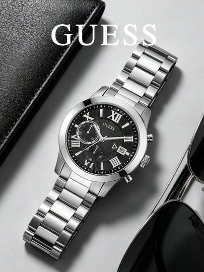 GUESS Timeless Series W0668G3 Men's Watch, Black Roman Numeral Dial With Date Display, Steel Band, Minimalist Versatile Daily Business Watch
