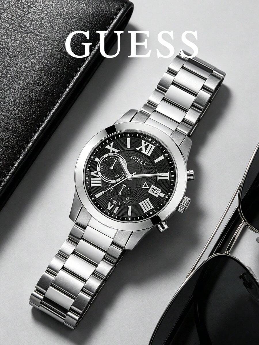 GUESS Timeless 系列 W0668G3 男士腕錶,黑色羅馬數字錶盤附日期顯示,鋼製錶帶,極簡百搭日常商務腕錶 - W0668G3 - 查看 1