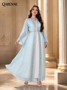 Sparkly Dusty Purple 2‑Piece Maxi Dress Set, Silver Embroidery Lantern Sleeve Belted Open Robe With White Inner Formal Evening Gown - Sky Blue - View 6