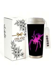 1個/5個 500ml 萬聖節霓虹紫色蜘蛛不鏽鋼保溫咖啡杯，吸睛霓虹紫色蜘蛛圖案印花設計，附掛繩便攜咖啡杯，適合情侶秋冬日常通勤使用 - 黑色-玫紅蜘蛛 - 查看 11