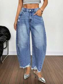 American Style Summer Casual Frayed Hem Tapered Jeans - Blue - View 1