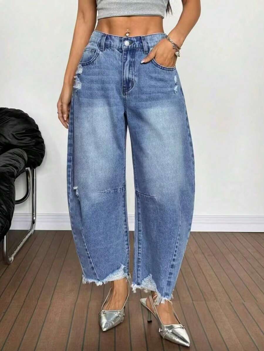 American Style Summer Casual Frayed Hem Tapered Jeans - Blue - View 1