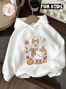Kids Hooded Sweatshirt, Cute Duck Autumn Leaf Pumpkin Flower Graphic Print Cotton Pullover For Kids - White - View 2