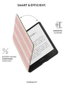 UMBAUTY Pink & Green Striped Pattern Protective Case For 7/6.8/6 Inch Kindle Paperwhite (12th/11th/10th/7th/6th/5th Gen - 2024) | Kindle Colorsoft Signature Edition E-Reader Accessory, Cute Minimalist Protective Case With Hand Strap, Suitable As A Gift For Colleagues And Friends - Multicolor - View 4