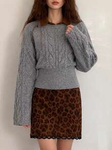 Women's Cable Knit Pullover Sweater, Long Sleeve Short Knit Top, Suitable For Autumn/Winter Wear - Grey - View 4